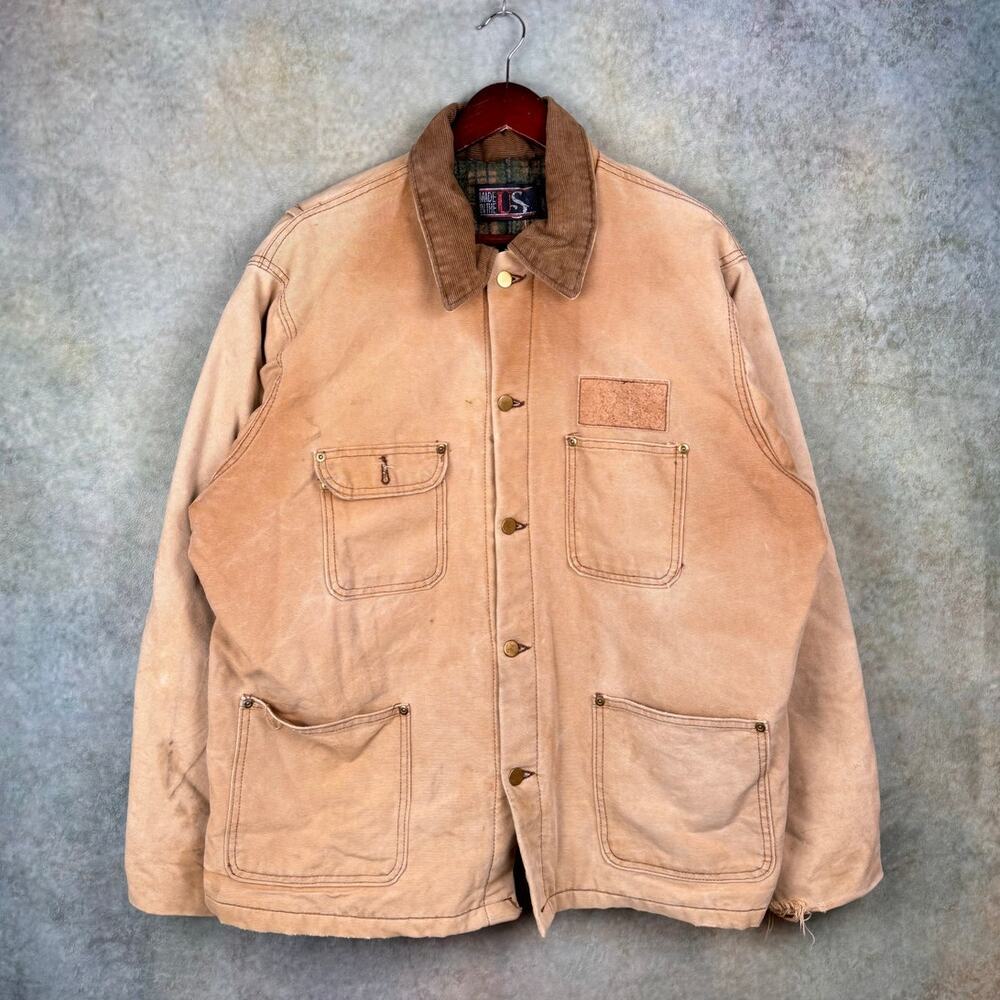 VTG 90s Flannel Lined Work Jacket Mens Sz XL Tan Carhartt Style Button Duck